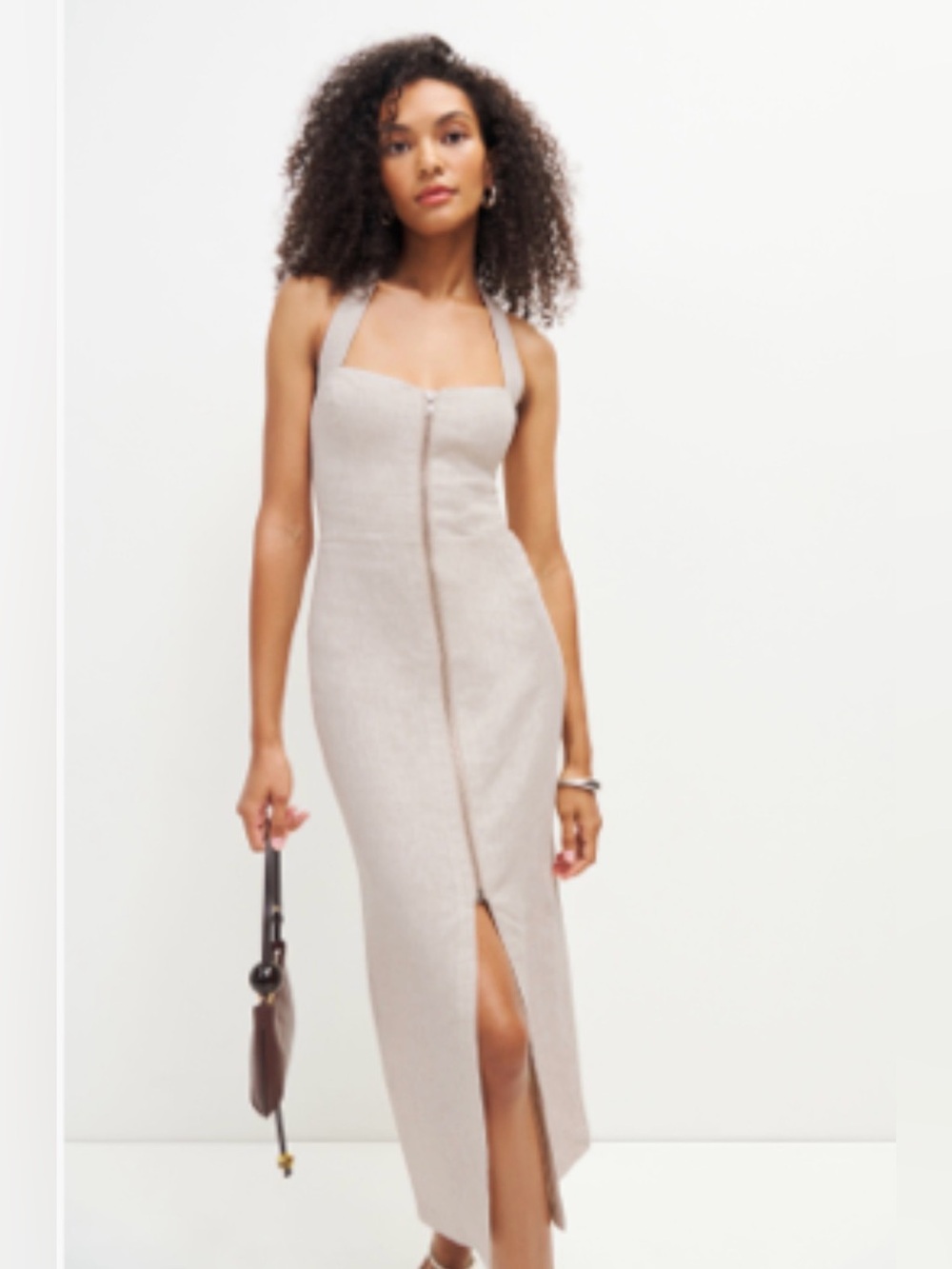Reformation Linen Zip-Front Midi Dress in Natural Beige
